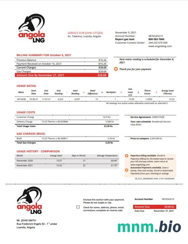 Angola LNG dowód adresu szablon rachunku za media w formacie Word i PDF